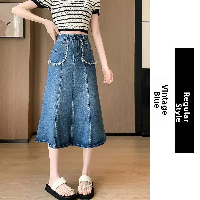 

Синяя джинсовая юбка трапециевидной формы для женщин, новинка весны, большие размеры, утягивающая повседневная юбка на молнии с высокой талией
