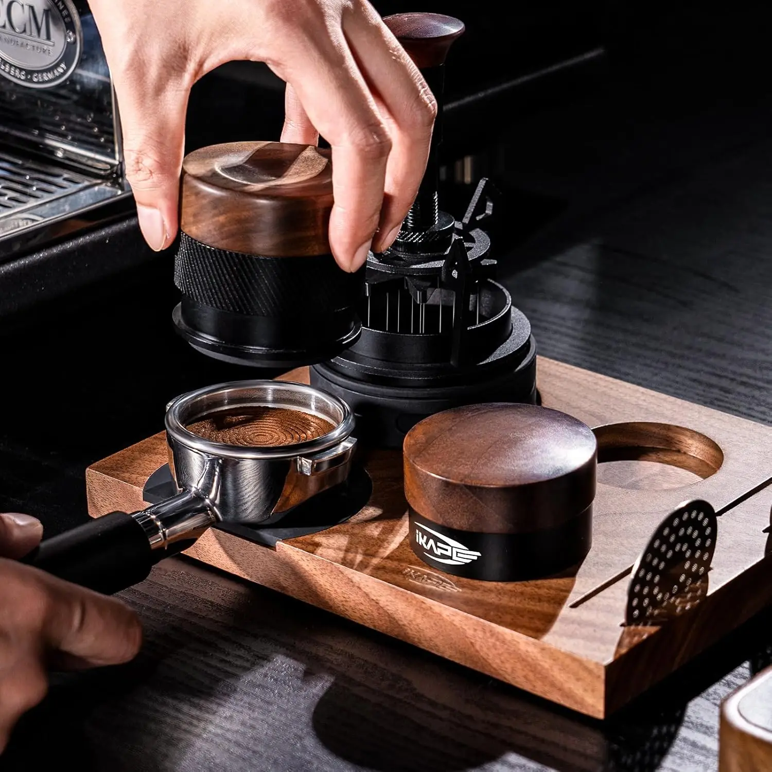 IKAPE Espresso Wooden Calibrated Tamper, Coffee Walnut Tamper with Titanium PVD Coating Base and Spring Loaded Fit 51/54/58mm