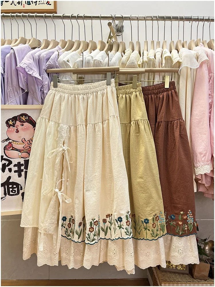 Sweet Japanese Forest System Embroidered Lace Patchwork Elastic Waist A-Line  Skirt Women's Fashion Spring 2026