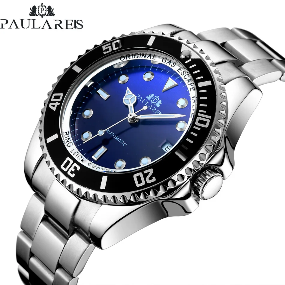Automatic mechanical luminous solid steel belt blue-red-green men's watch AUTOMATIC WATCH