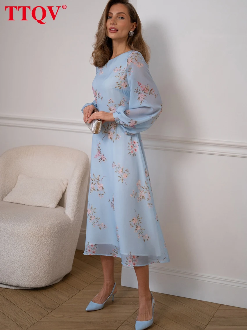 

TTQV Fashion Loose Print Women's Dress 2026 Spring O-Neck Puff Sleeve Ankle-Length Dresses Lady Elegant Classic Female Dress