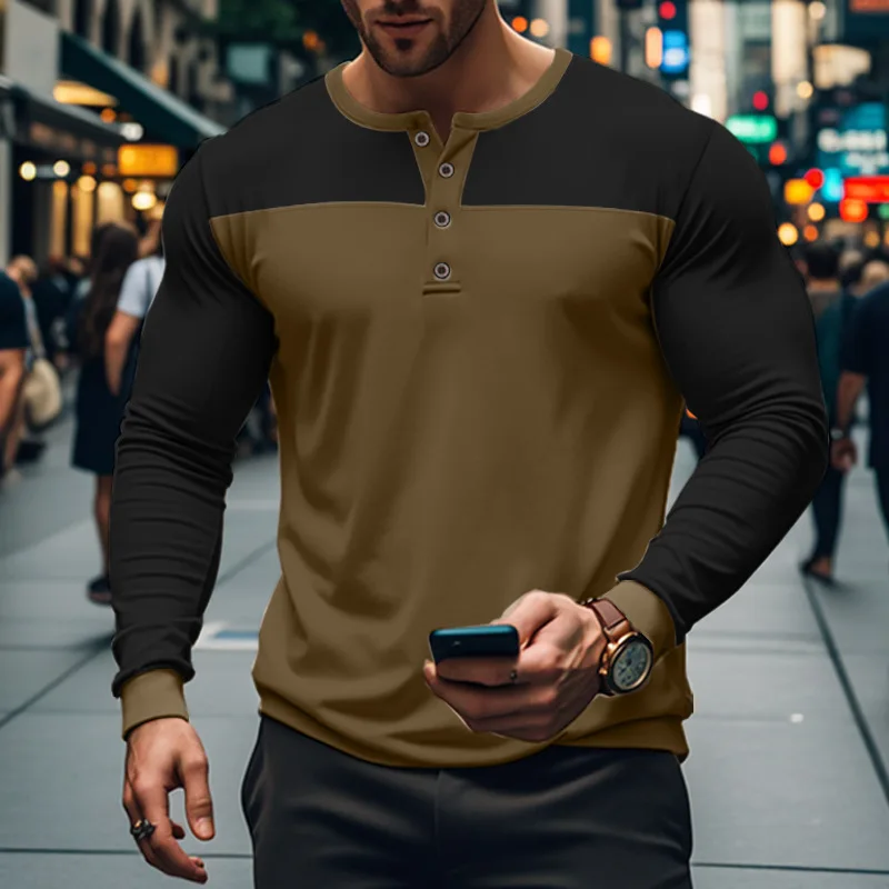 Amazon autumn new retro long-sleeved color matching Henry collar bottoming men's T-shirt