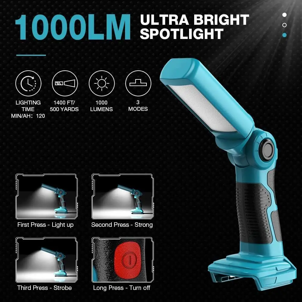 12W 1000LM LED Work Light Flashlight for Makita 18V Li-ion Battery BL1850 BL1830 Handheld Spotlight Desk Lamp with USB 5V 2.1A