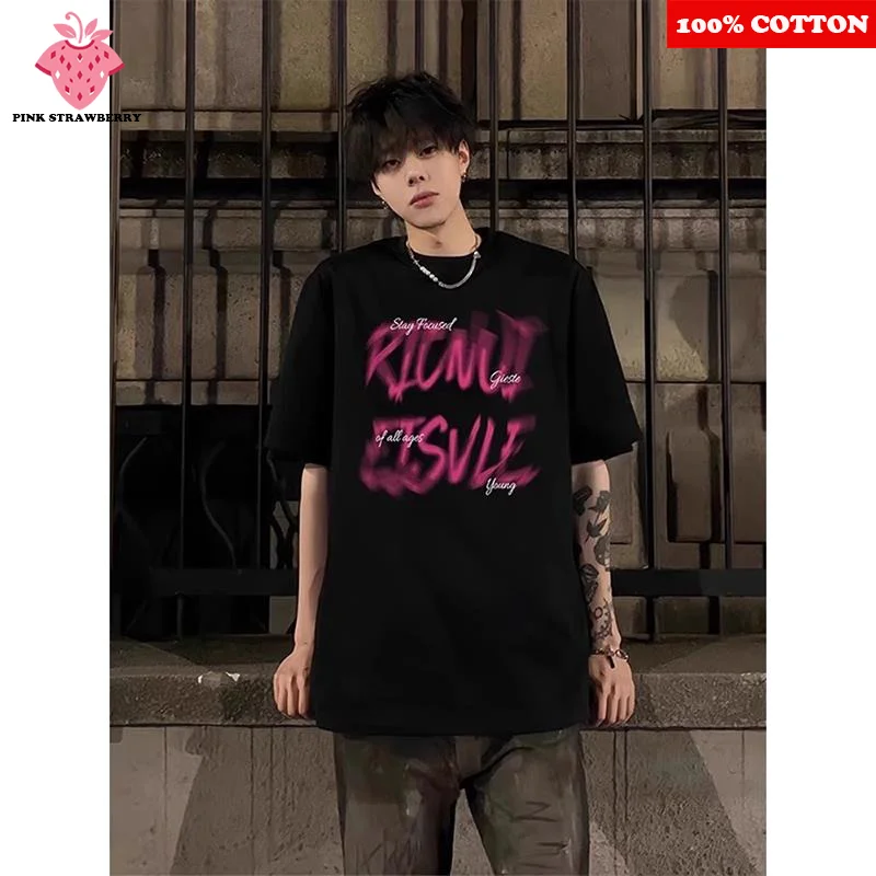

100% Cotton Fuzzy letters Print T-shirt Men's Summer 2025 New American Street Short sleeve T-shirt Loose Y2k Top mens clothing ﻿
