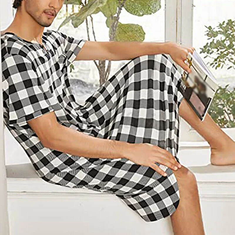 Casual Plaid Sleepwear Nightgown Men Pajamas Short Sleeve V-neck Casual Homewear One-piece Home Loose Bathrobe Sleep Robe S-3XL