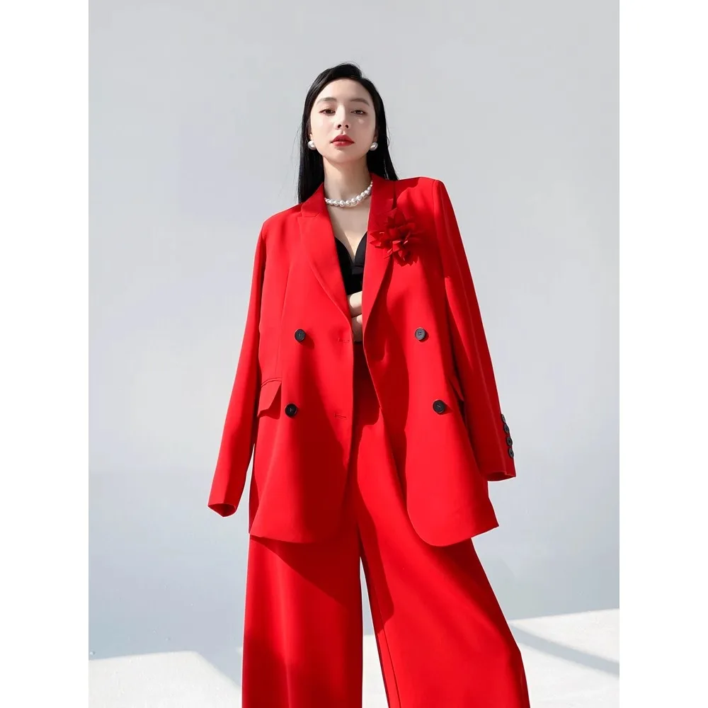 TWOTWINSTYLE, conjunto liso de dos piezas para mujer, cuello de solapa, manga larga, cintura alta, temperamento, conjuntos de pantalones sueltos para mujer, nuevo