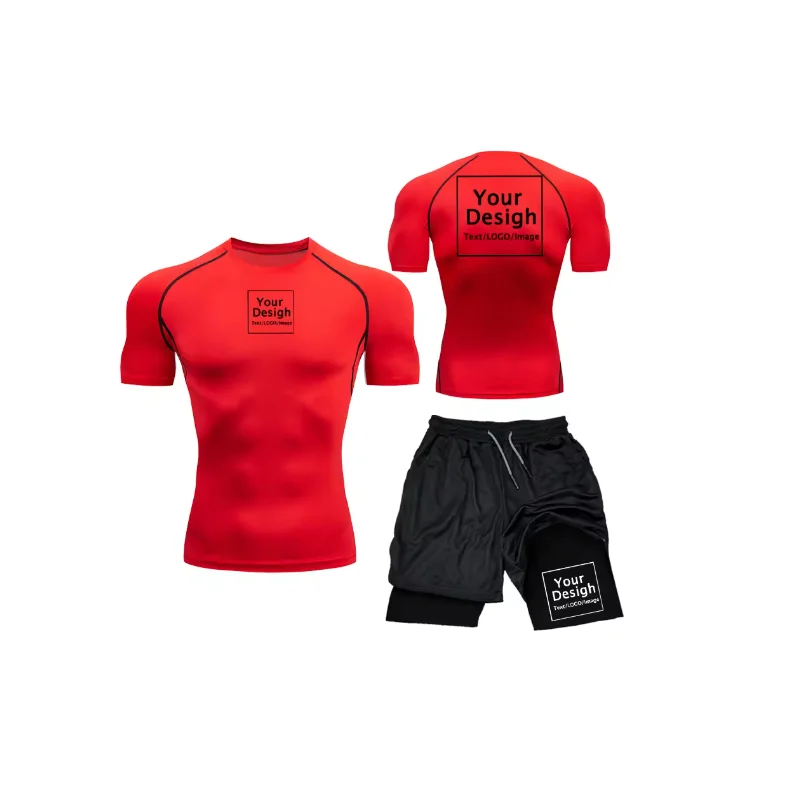 

New Compression Set Print Sportwear for Men Quick Dry Gym Shorts+Shirt 2PCS Running Workout Summer Rashguard Sport Suit