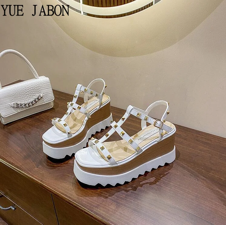 High Platform Wedges Runway Shoes Woman Summer Ankle Strap Genuine Leather Sandals Rivet Decor Stars Women Casual Shoes Summer