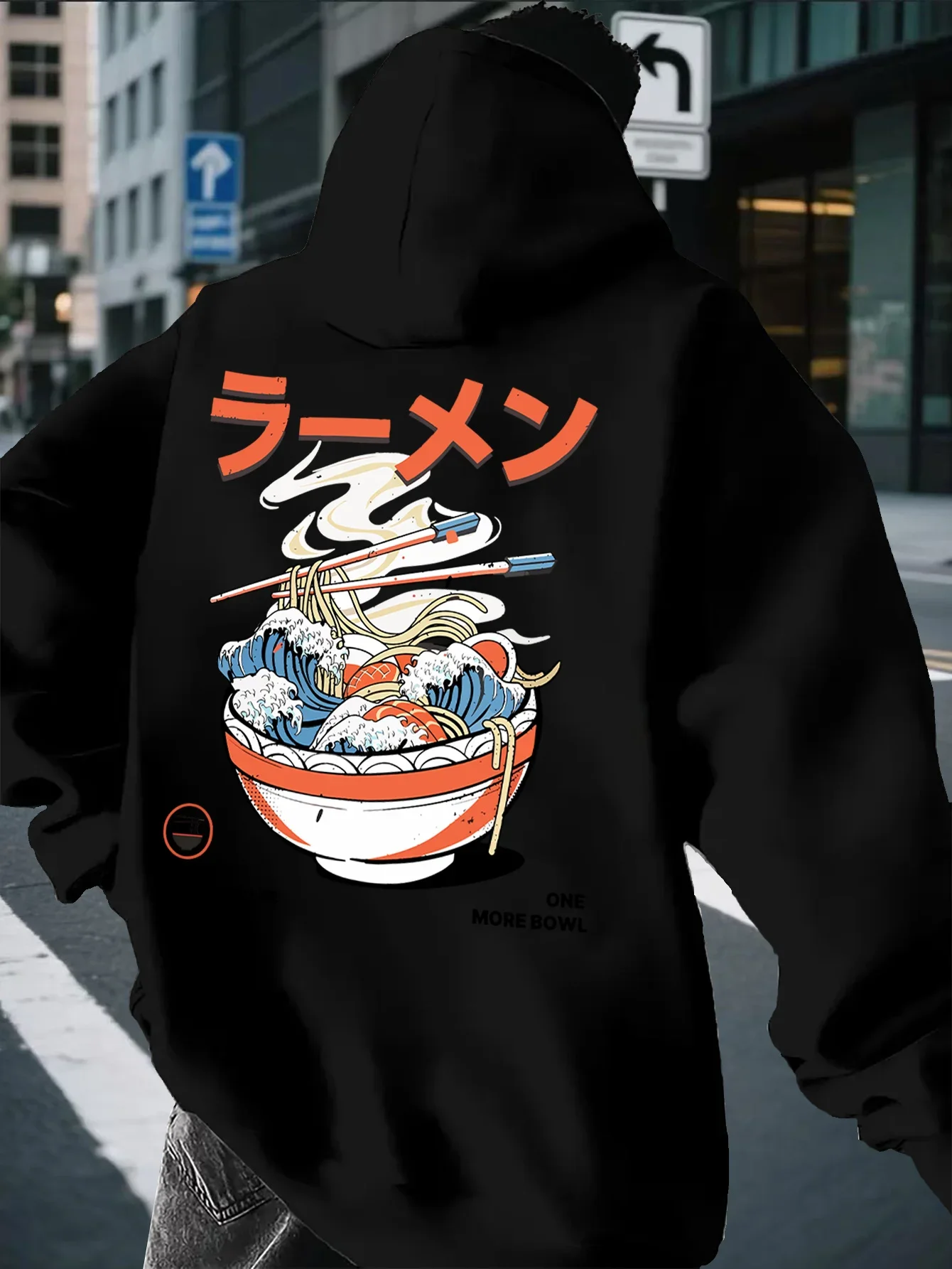 Men’s Japanese Ramen Hoodie Autumn Winter Fleece Sweatshirt Noodle Wave Graphic Print Oversized Loose Fit Streetwear Pullover