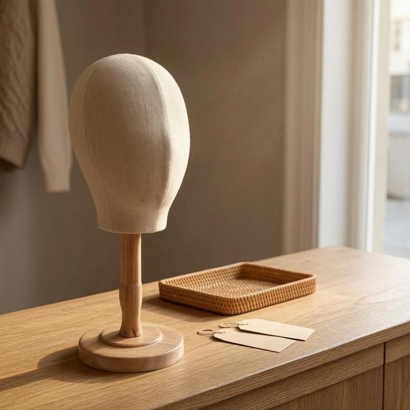 帽子展示用ヘッド-ポリッシュ仕上げのリネンカバー付き帽子スタンド