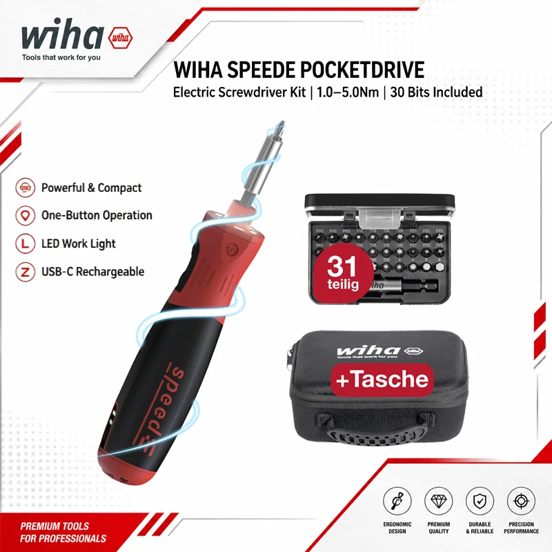 Wiha 45791 Electric Screwdriver Set, Includes 30 Bits, USB Rechargeable, And LED Light. Compact Repair Tool Set