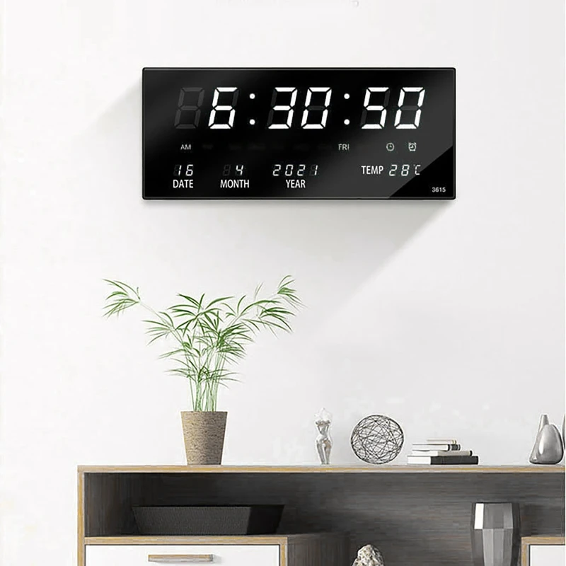 Imagem -02 - Relógio Digital de Parede com Alarme Relógio de Mesa com Led Alarme Chimde Hora em Hora Temperatura Calendário Plugue eu Eletrônico 36x15x2.8cm