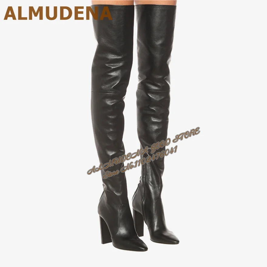 

ALMUDENA Black Matte Chunky Heel Over The Knee Boots Pointed Toe Block Heels Thigh High Boots Elegant Autumn Winter Dress Shoes
