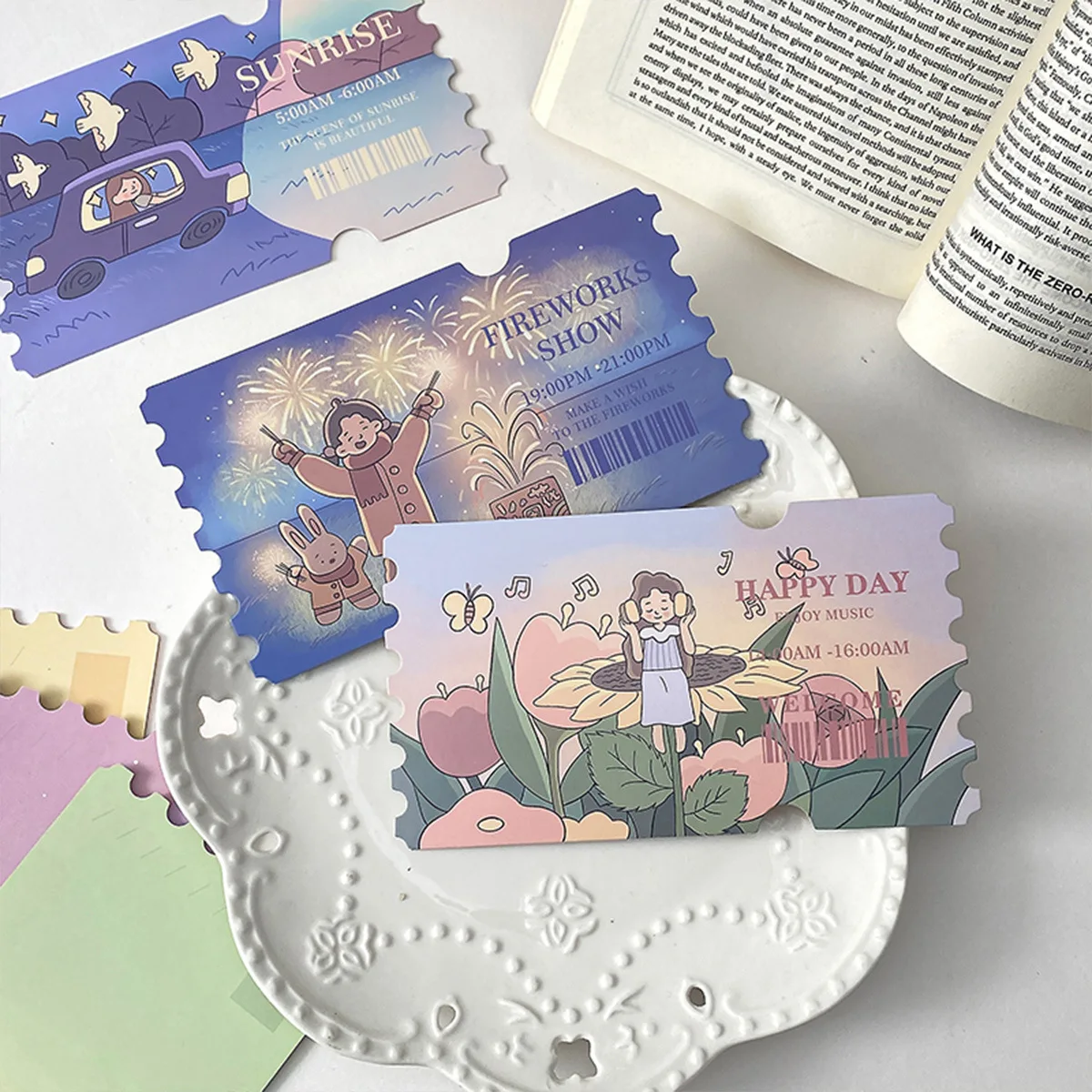 JCAC 20pcs/bag Ins-Style Cartoon Ticket Postcards, 