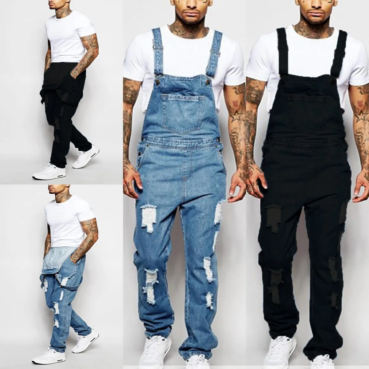 ผู้ชาย Ripped DENIM Overalls แฟชั่นความยาวเต็มกางเกง Homme กางเกงยีนส์ High Street Jumpsuit Distressed Casual กางเกง