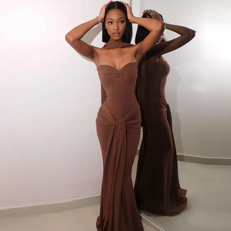 

New Women'S Personalized Scarf Collar Slim Fit Twisted Strap Strapless Dress Set