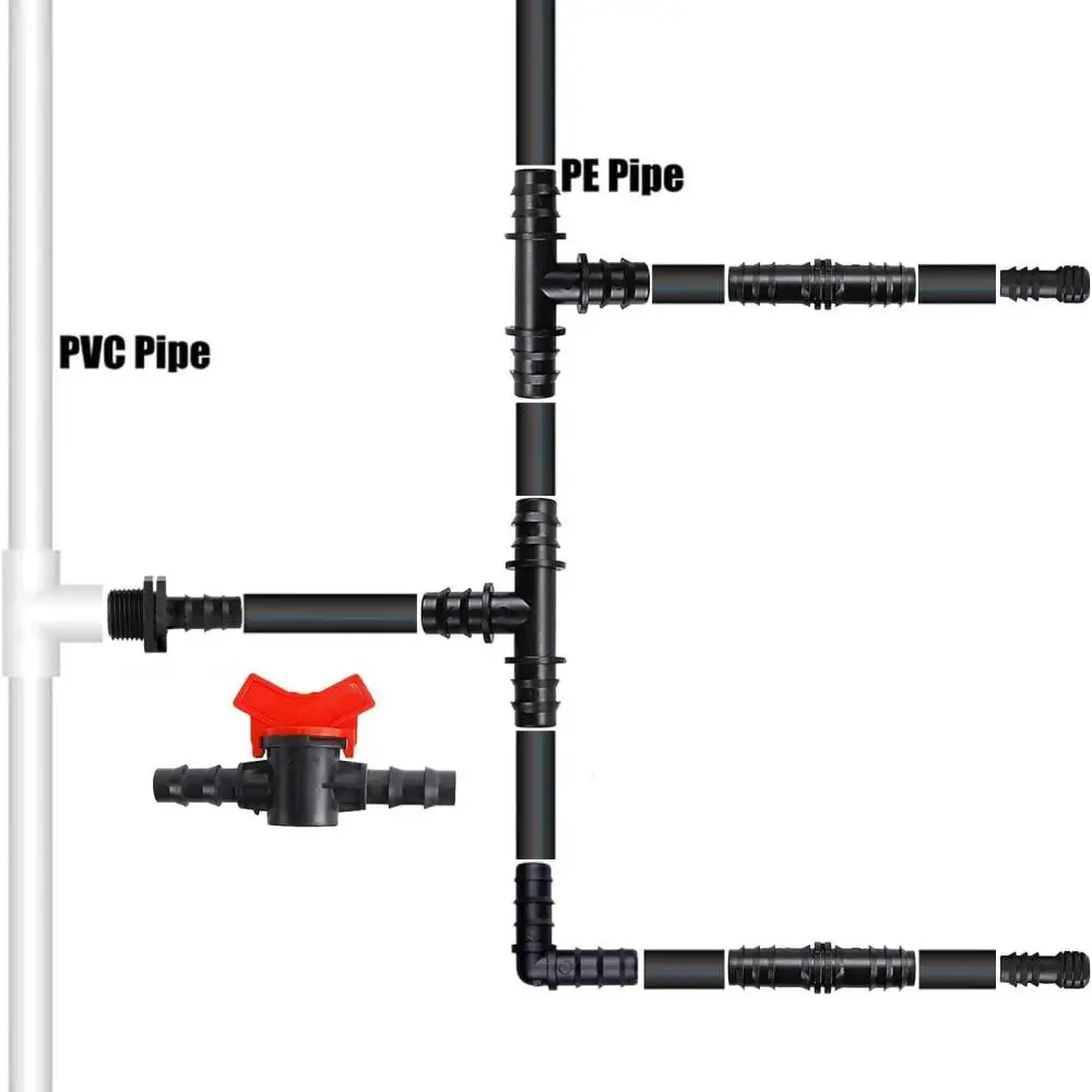 Garden Watering Connector Set 16mm PE Pipe Fittings Tee Elbow Switch Valve Plug For Greenhouse Irrigation