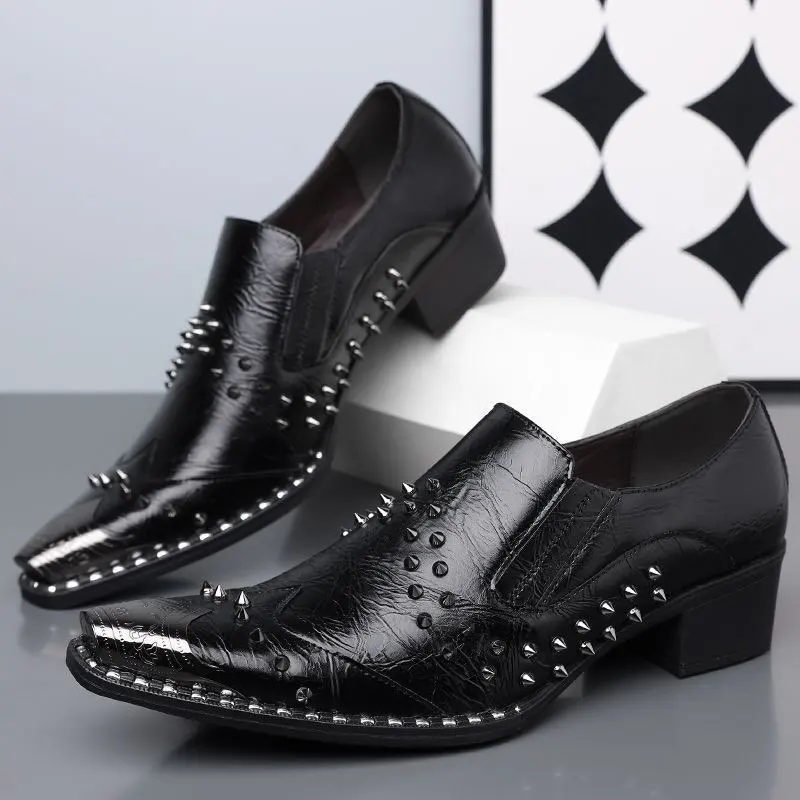 New Arrival Fashionable Studded Pointed-Toe Men's Leather Shoes: British Metal-Toe Style, Trendy Business & Unique Formal Footwe