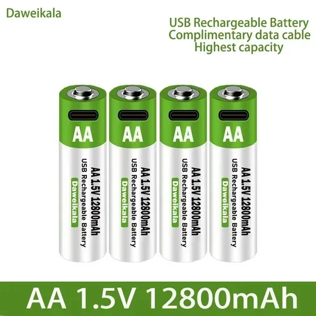 2024 New 1.5V AA USB Rechargeable Battery 12800 mAh Li-ion Battery for Remote Control Mouse Electric Toy Battery Type-C Cable