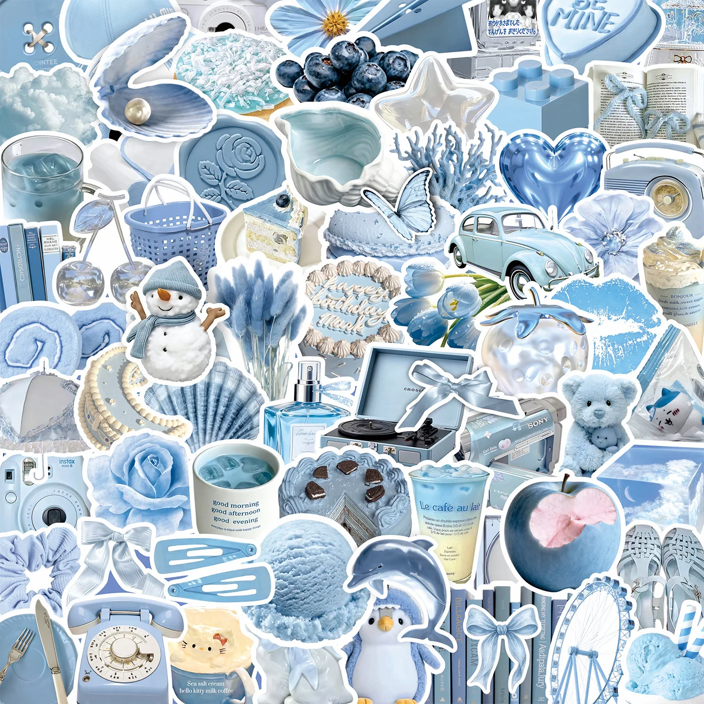 100Pcs Light Blue Aesthetic Small Things Stickers INS Style Decals for Scrapbooking Journal Notebook Phone Case DIY Decor