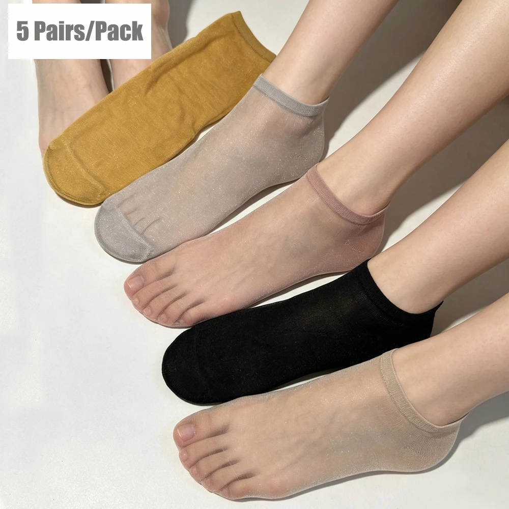 5 Pairs/Pack Women's Spring Summer Thin Silk Socks Simple Crystal Skin Transparent Breathable 20 Denier Sheer Sweet Socks