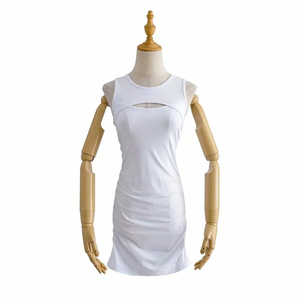 YPFF verão fino ajuste colete saia sem mangas em torno do pescoço cintura plissada estilo europeu americano vestido casual para mulher