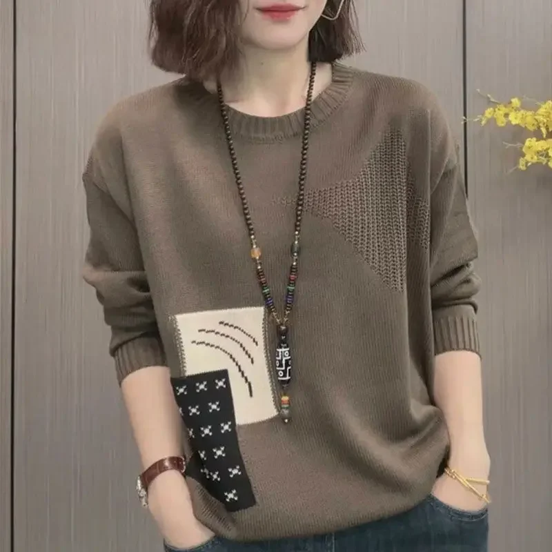 

2024 New Autumn/Winter Fashion Round Neck Contrast Jacquard Hollow Vintage Art Casual Loose Oversized Long Sleeve Sweater A48