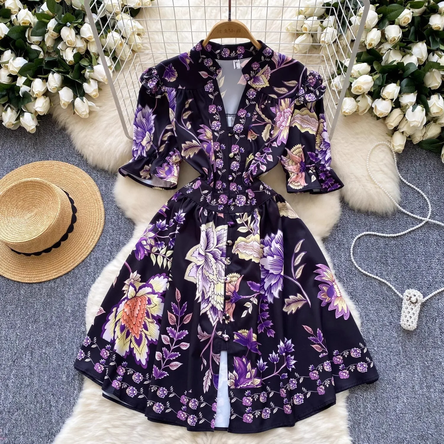 2025 Spring Summer Holiday Floral Short Dress Shirt Women Single Breasted Print Purple Elegant V Neck Bohemia Beach Vestidos