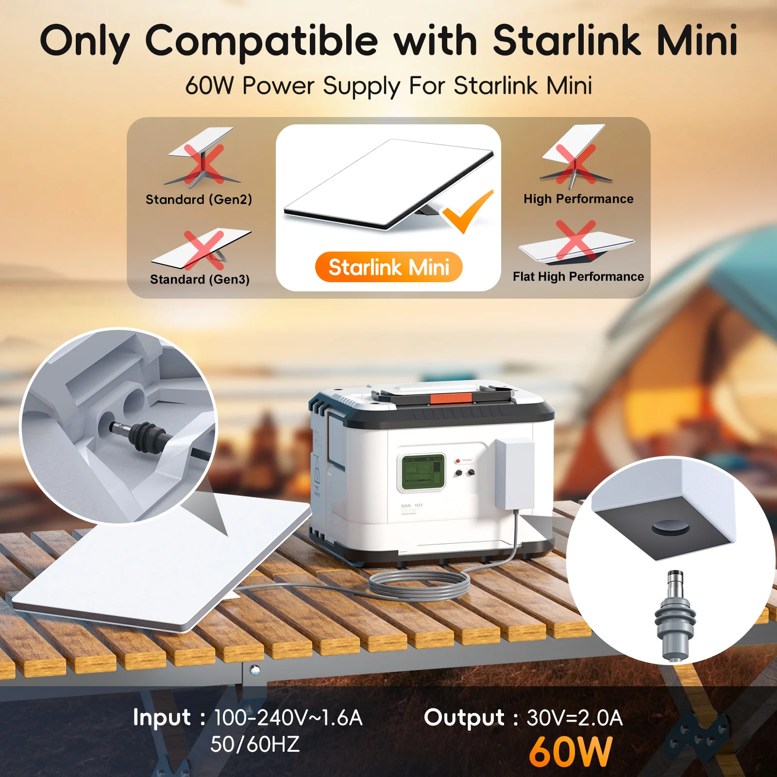 For Starlink Mini Charger 60W Replacement Power Supply AC Adapter 30V 2A Output Wall Charger Plug for Starlink Mini Dish