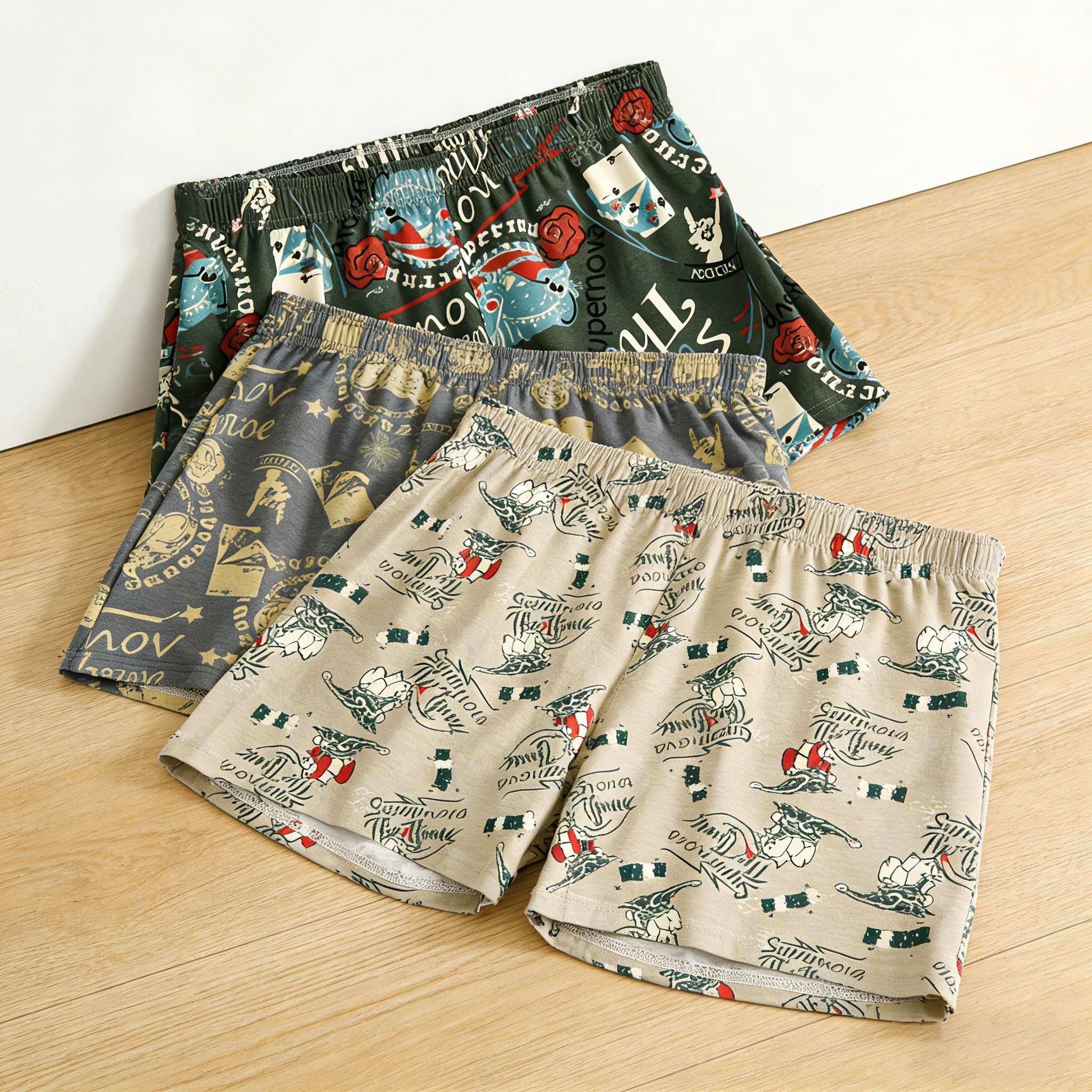 

Комплект из 3 мужских трусов-боксеров с принтом, свободные домашние шорты, антибактериальные, с плоским краем, четырехугольные шорты