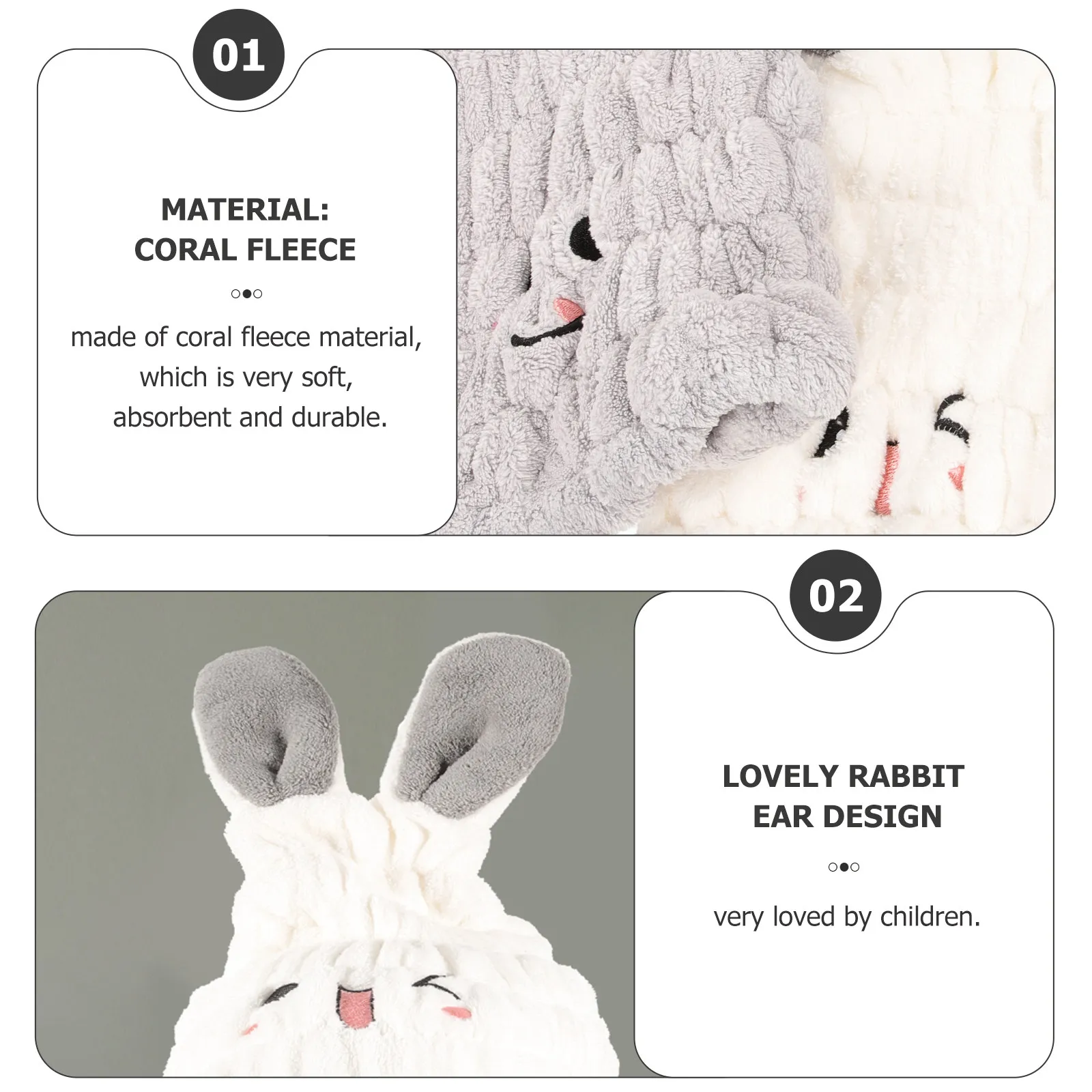 

2 шт. впитывающие детские полотенца-тюрбаны для сушки волос из кораллового флиса с ушками кролика, быстросохнущие, мягкие, для детей