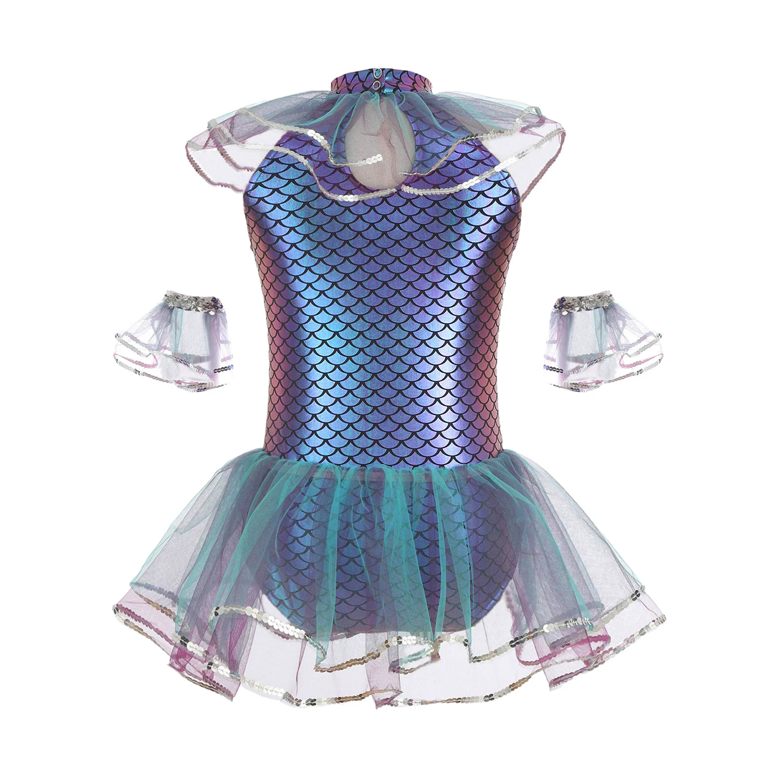 Children Girls Halloween Mermaid Princess Cosplay Costume Shiny Fish Scales Print Sequins Mesh Tutu Bodysuit with Arm Sleeves