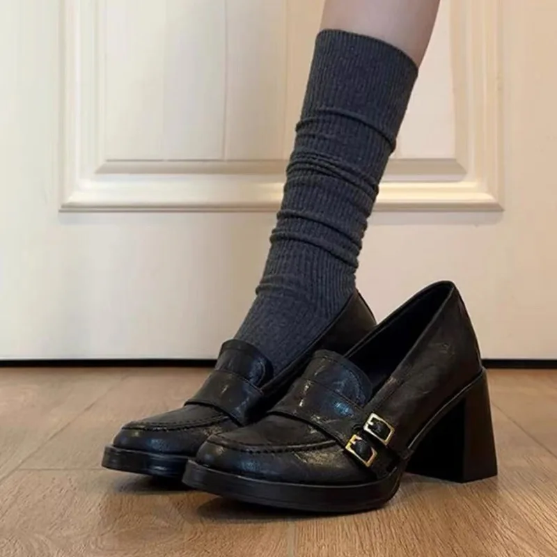 الانزلاق على كتلة كعب حذا فردي للسيدات جديد ساحة تو عميق الفم حزام مشبك عدم الانزلاق عالية الكعب للخريف