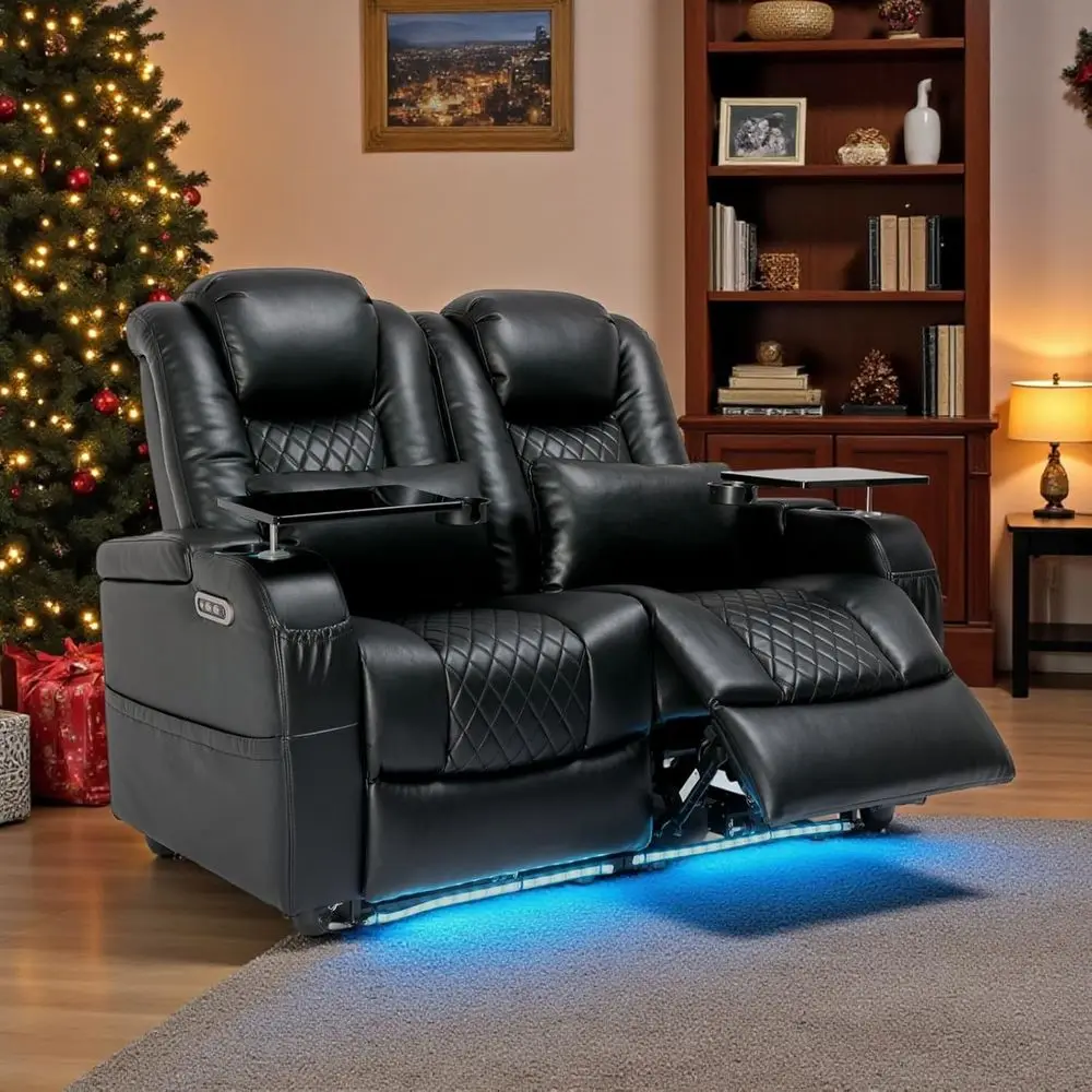 

Black Theater Recliners with 7-Color Ambient Lighting, Lumbar Support, Side Pockets, Tray Tables, and Power Recline