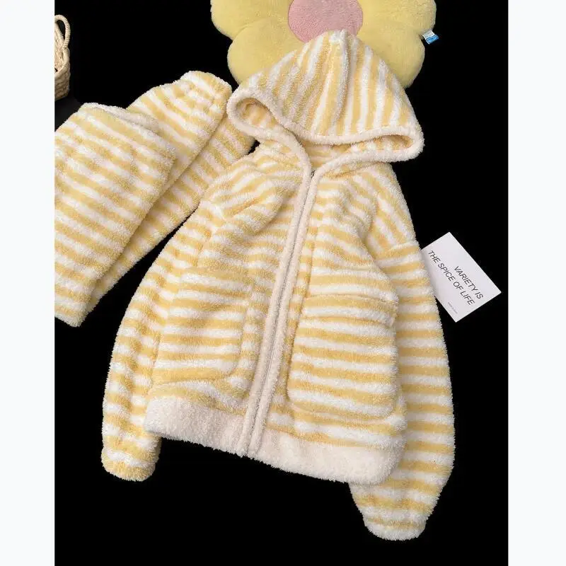 

Girl Stripe Coral Fleece Pajamas Kawaii Autumn Thicken Keep Warm Sweet Long Sleeves Flannel Homewear Suit Dopamine New Style Hot