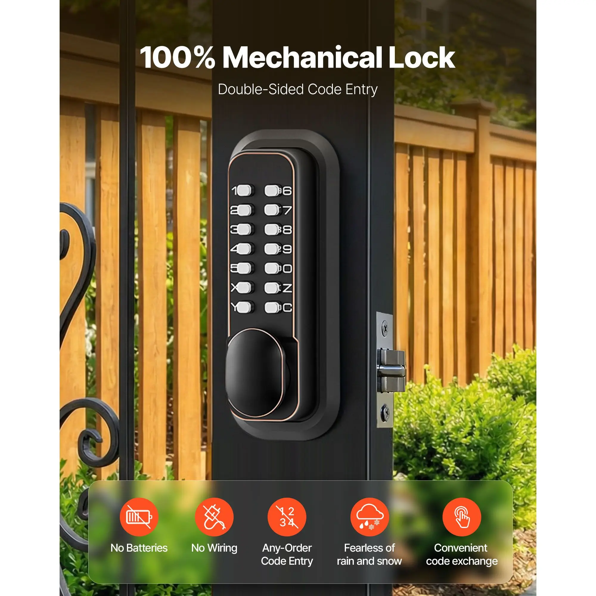 Mechanical Keyless Entry Door Lock, 2.0 Code Upgrade, 4-7 Digits, Double-Sided Push Button Combination Keypad Knob, Auto, for