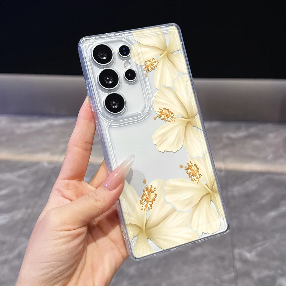 Cream Hibiscus Clipart Case for Samsung Galaxy S26 S25 S24 S23 S22 S21 FE Plus Soft TPU Slim Fit Shockproof Cover
