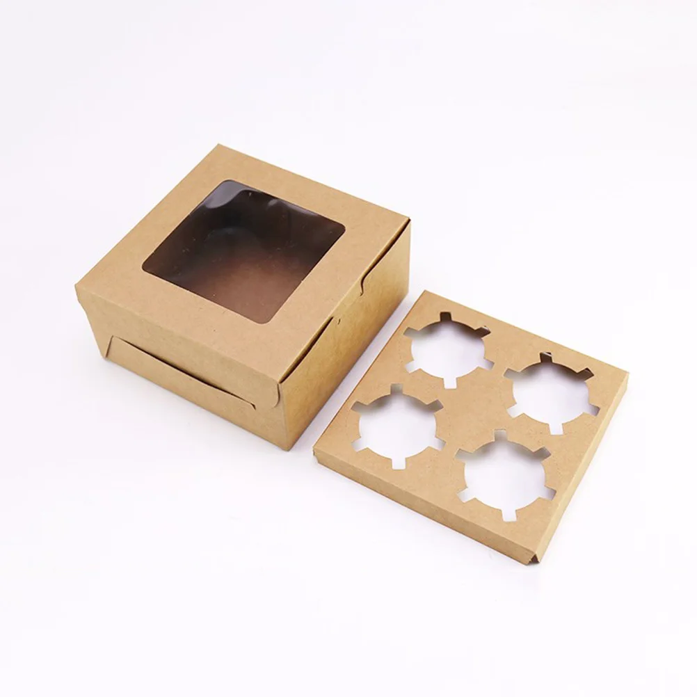 

4 Cavities Windowed Kraft Paper Cupcake Box Food Grade Insert Bakery Dessert Container Carrier Cupcake Box 4 Cavity