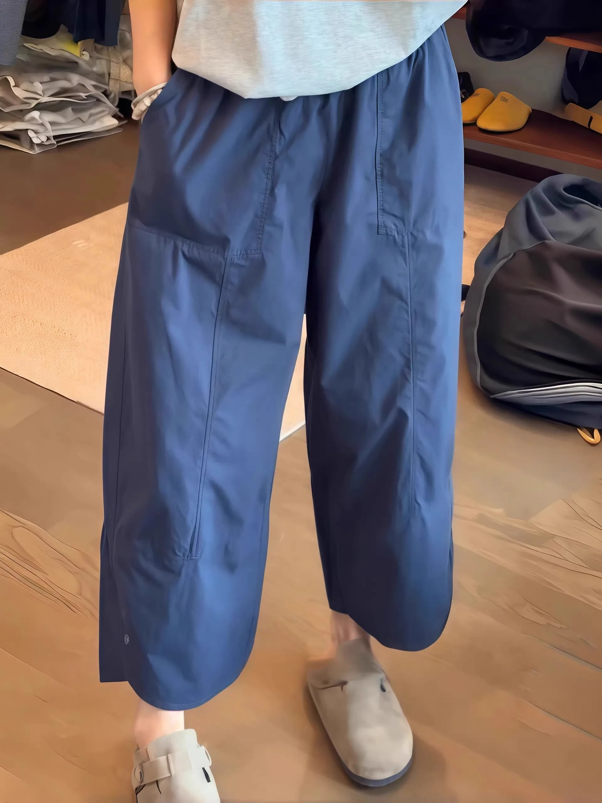 

Синие быстросохнущие спортивные брюки для женщин, летние, тонкие, больших размеров, повседневные, свободные, с высокой талией, длиной 7/8, плюс размер