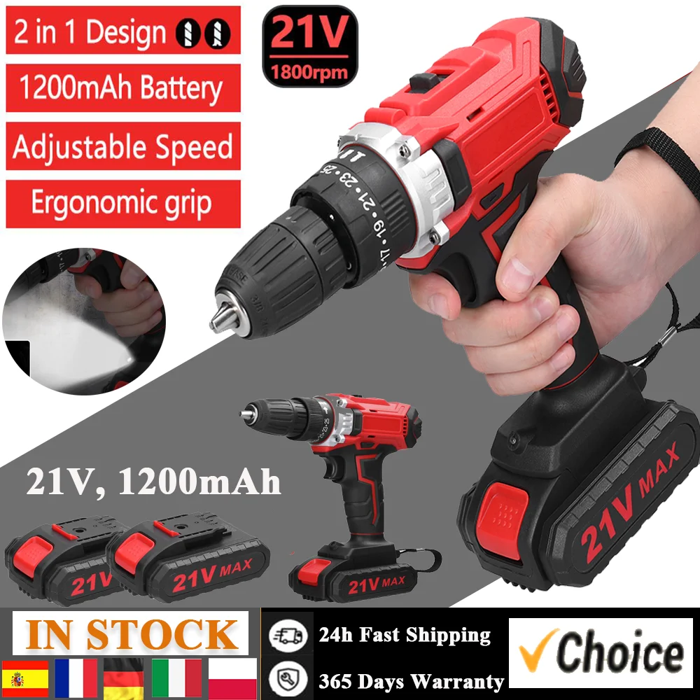 21V Electric Drill Brush 2 Speeds Control Stepless Speed Regulation Rotation Ways Adjustment 25 Gears of Torques Adjustable