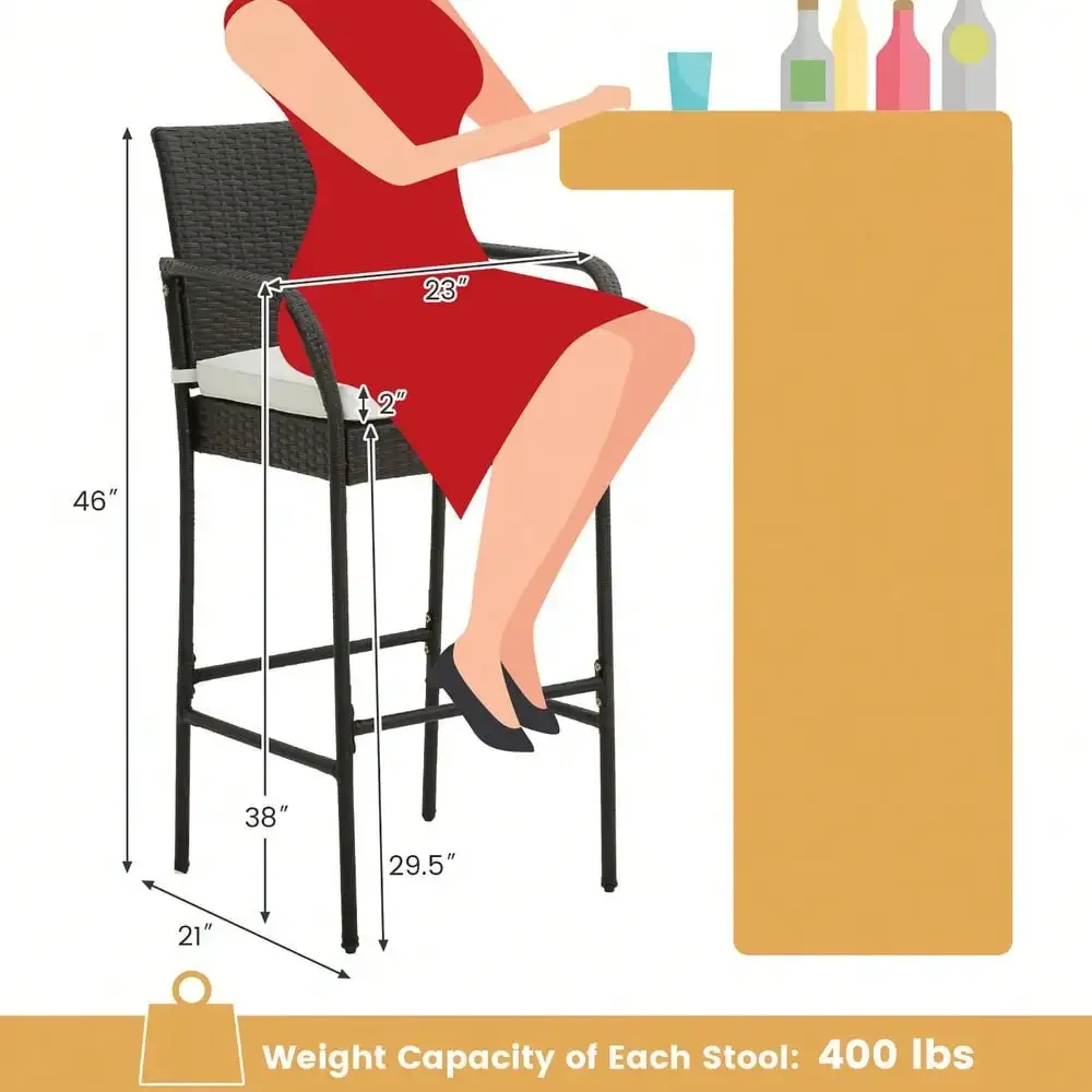 Juego de 2 taburetes de bar de mimbre, sillas de mostrador con respaldo alto para exteriores con cojines