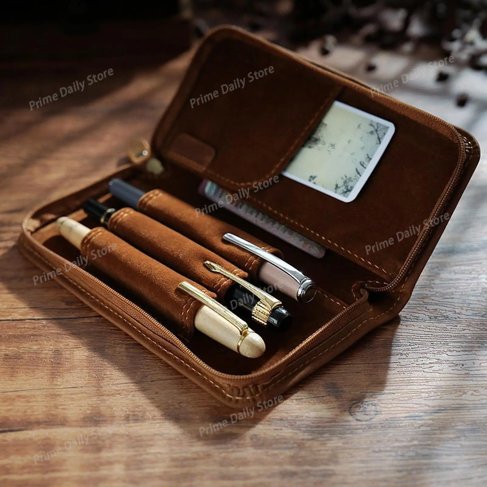 New Arrival Top‑Grain Crazy Horse Leather Pencil Pouch, Vintage Square Zipper Pen Case, Creative Fountain Pen Storage Holder