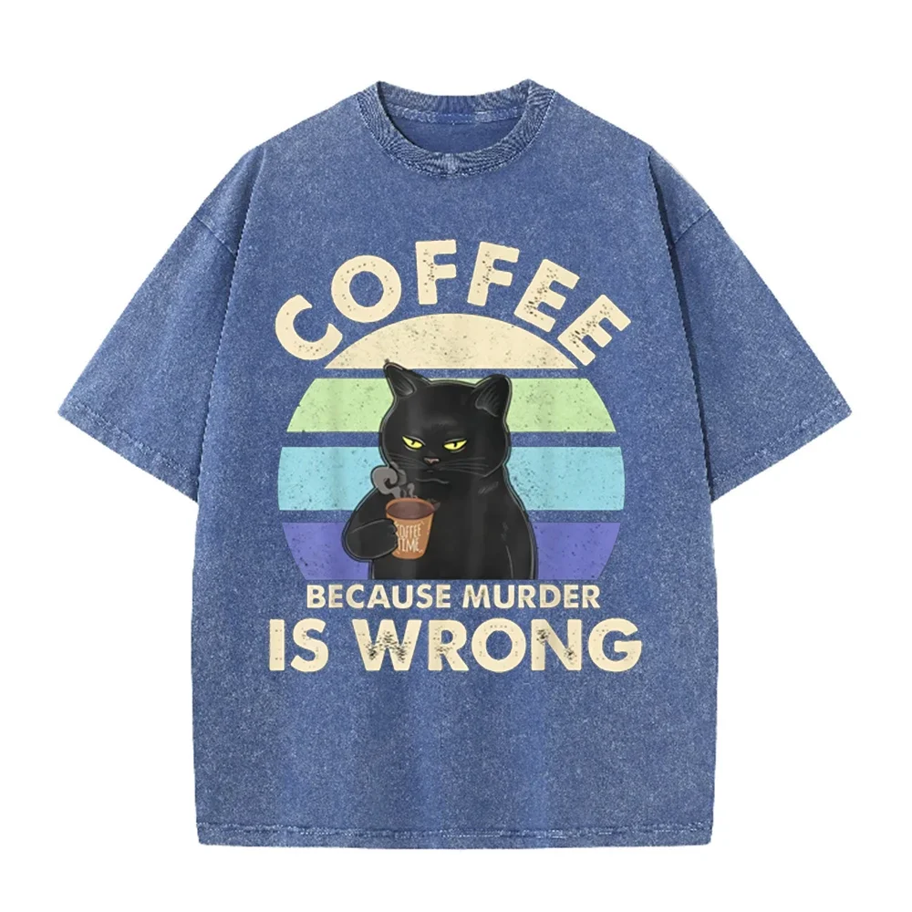 2026 Vintage Retro Sunset Black Cat Coffee Cup Graphic Black Acid Washed T Shirt Coffee Because Murder Is Wrong Funny Casual Ove