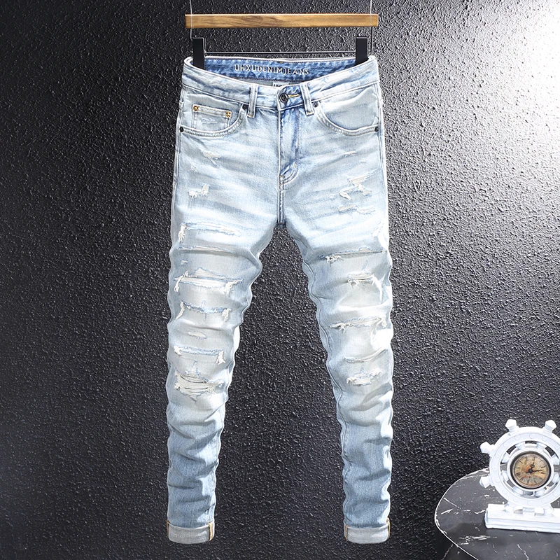 

Italian designer street fashion men's jeans retro washed elastic slim fit ripple embroidered jeans men's patchwork scratch light