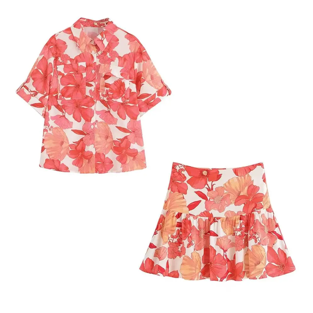 

KONDALA Chic 2025 Summer Print Women Suit Single Breasted Pocket Shirt+A-Line Flounce Mini Skirt Fashion Female Casual Sets