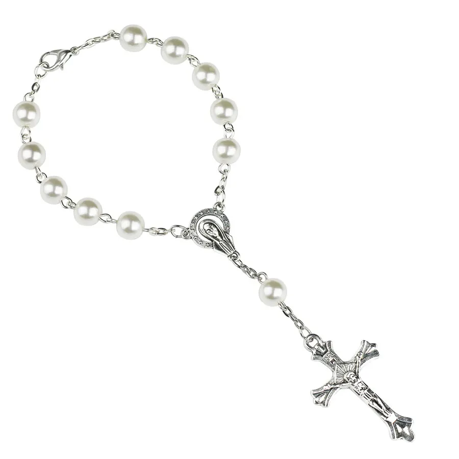 Religious Rosary Bracelet For Women Vintage Cross Charm Prayer 8MM Imitation Pearls Beads Bangle Men Christening Party Jewelry