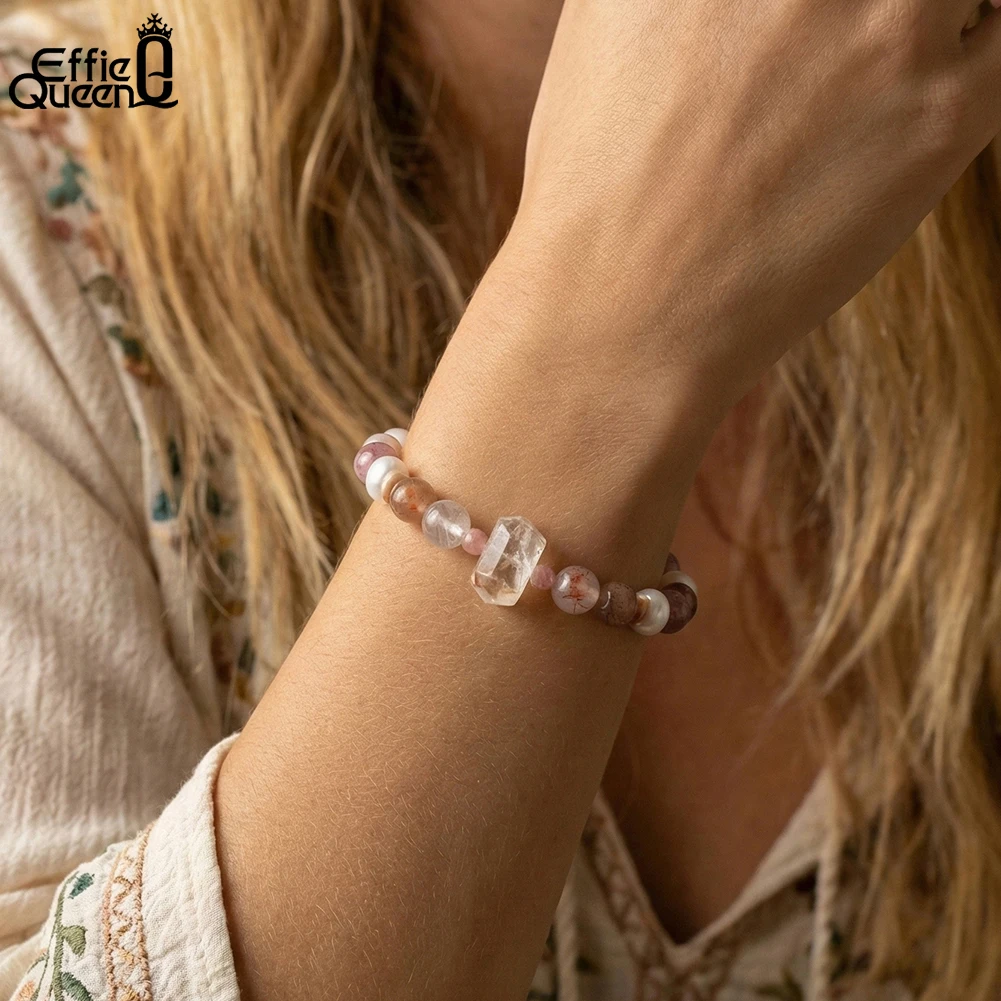 

EFFIE QUEEN Natural Strawberry Quartz Bracelet Crystal Jewelry Sunstone Beaded Elastic Rope Bangle Gift Fashion for Women GMB97