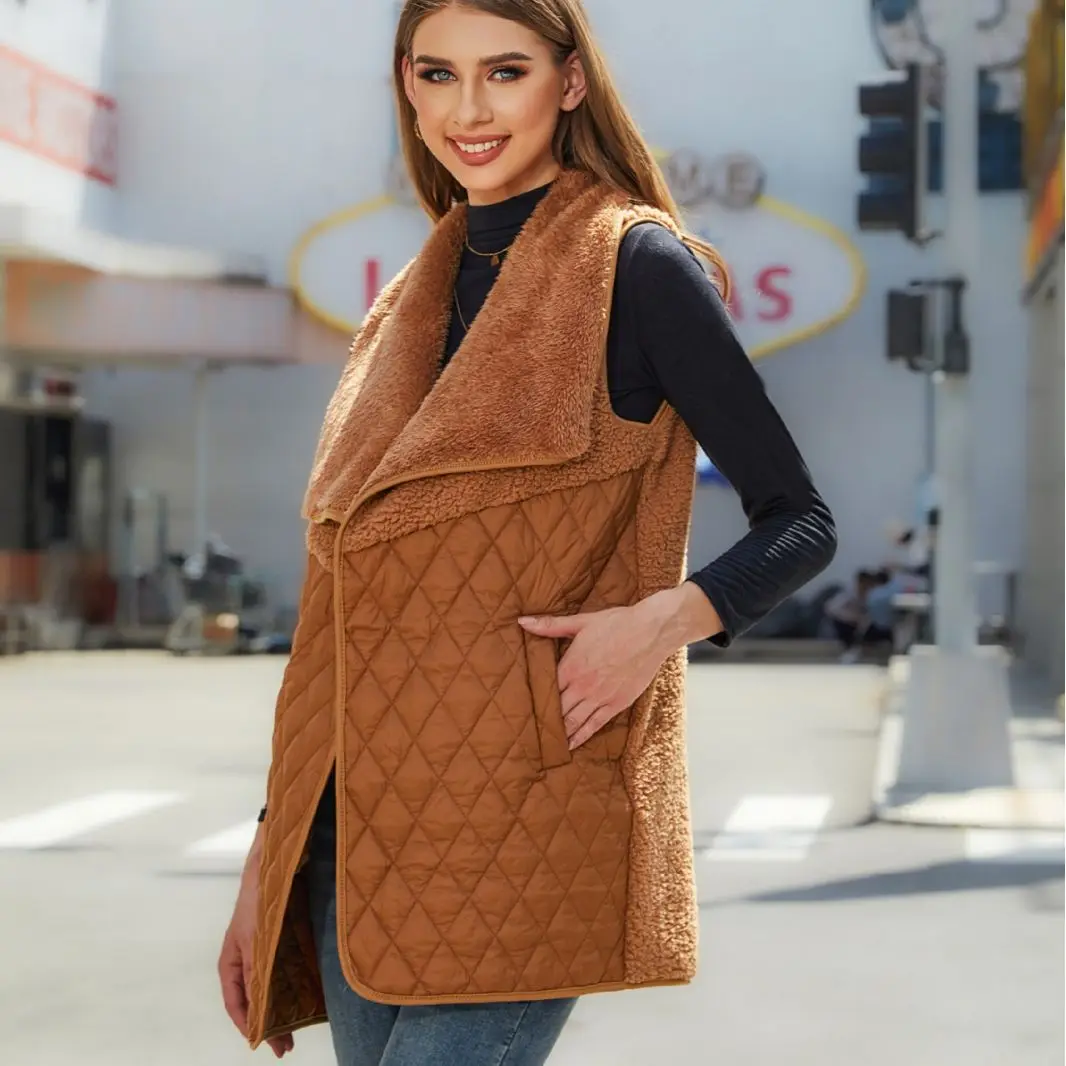 

Fashion Plush Cardigan Vest For Women Casual Zipper Lapel Pocket Solid Color Warm Women's Vest Coat Female Streetwear