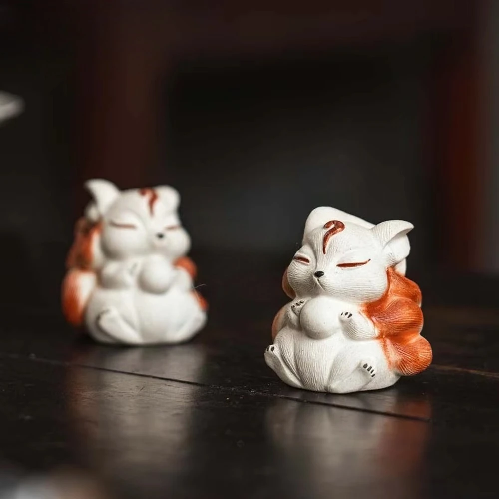 Chinese Yixing Purple Clay Tea Pet Nine-tailed Fox Statue Figure Ornaments Handmade Sculpture Crafts Zisha Tea Set Decoration