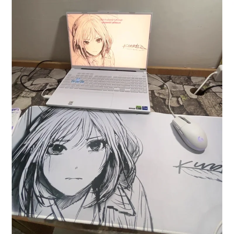 Alas Mouse Premium Black-And-White Line Girl Alas Keyboard Uniseks Bergaya Anime Ketebalan 4Mm dengan Tepi Terkunci Alas Mouse Desktop